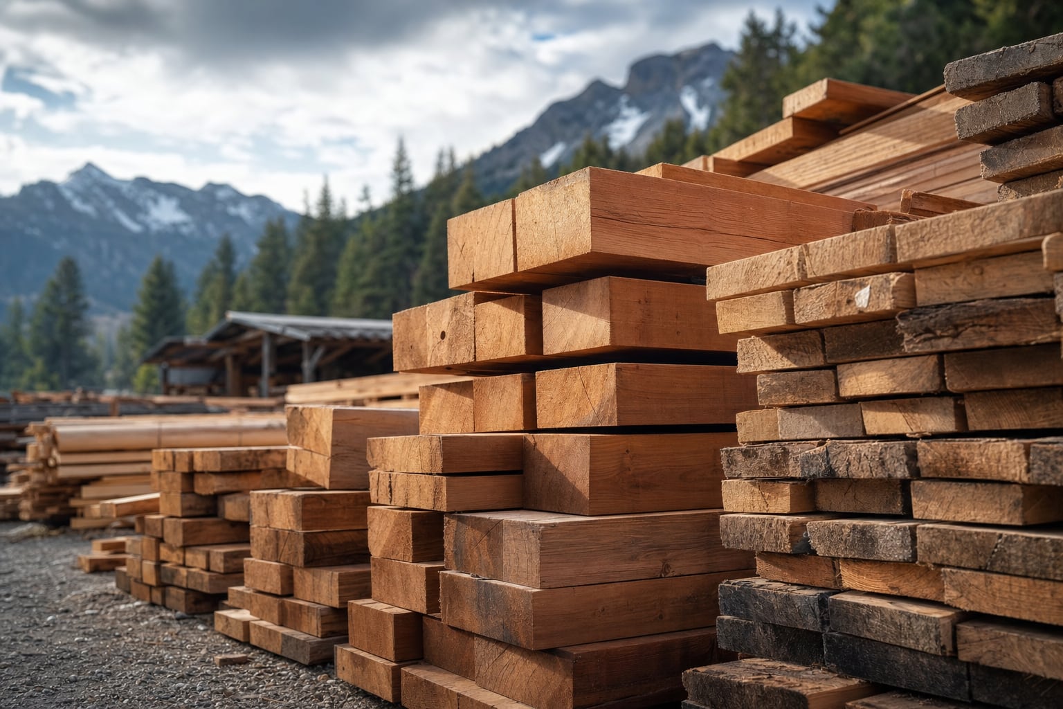 Stacks of freshly cut and finished timber in a Montana timber yard