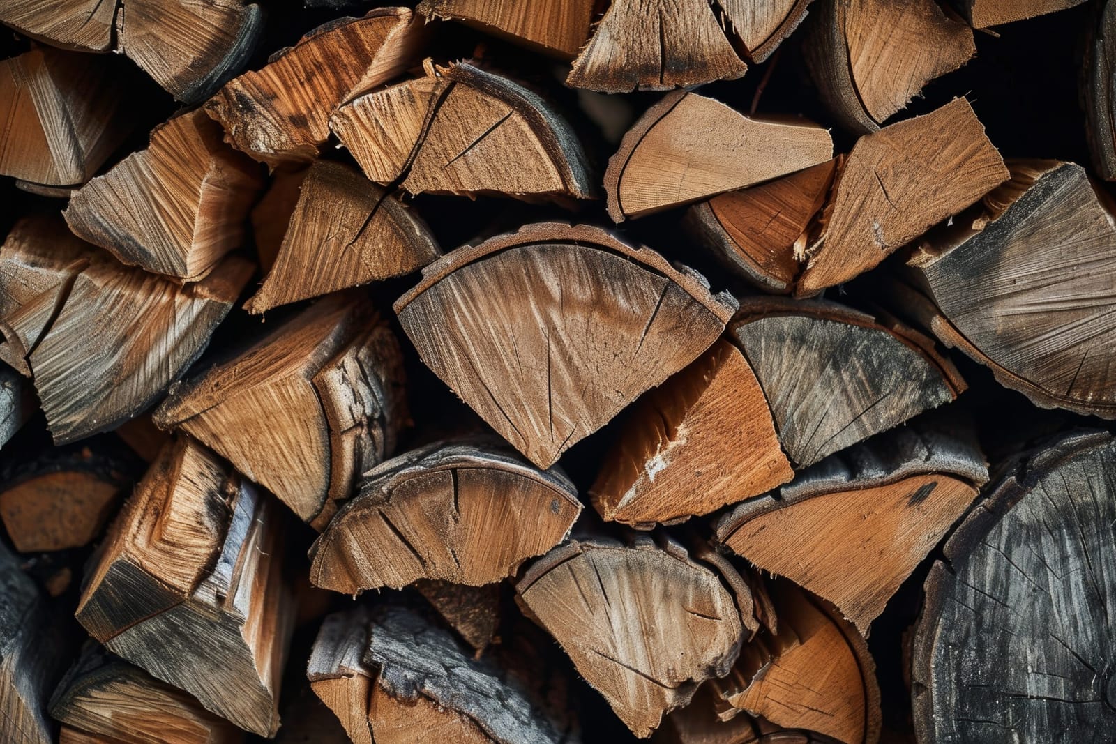Close-up of seasoned split firewood stacked and ready to burn