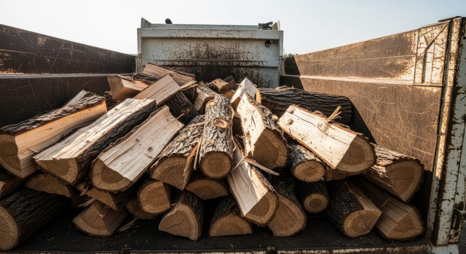 Split firewood loaded in a truck bed for delivery in Paradise Valley, Montana